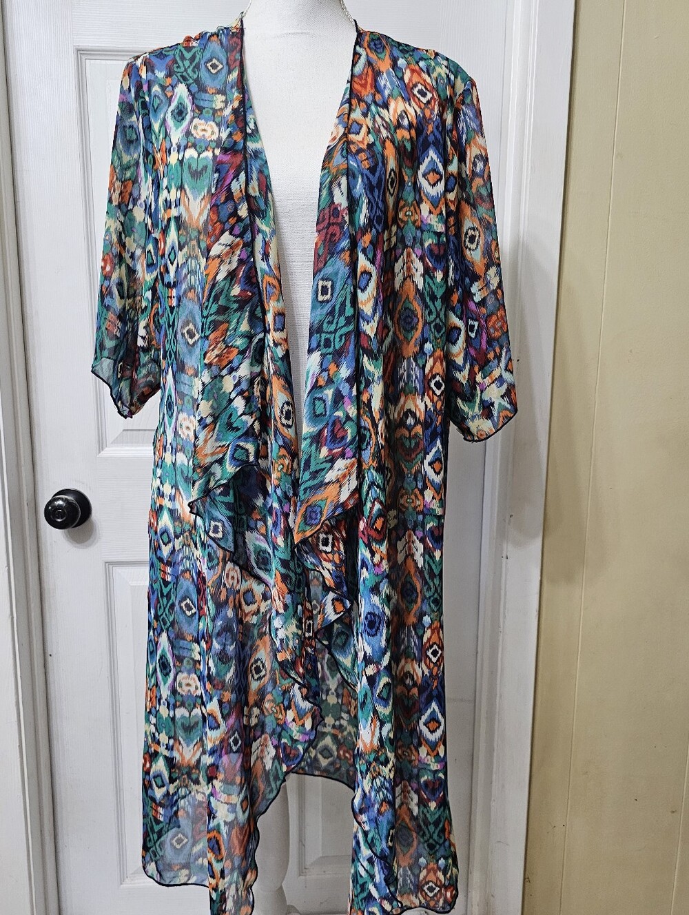 LuLaRoe Multicolor Geometric Print Kimono — Teal, Blue & Orange